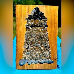 Unique hand crafted Shell Lighthouse with 376 hand placed shell fragments.